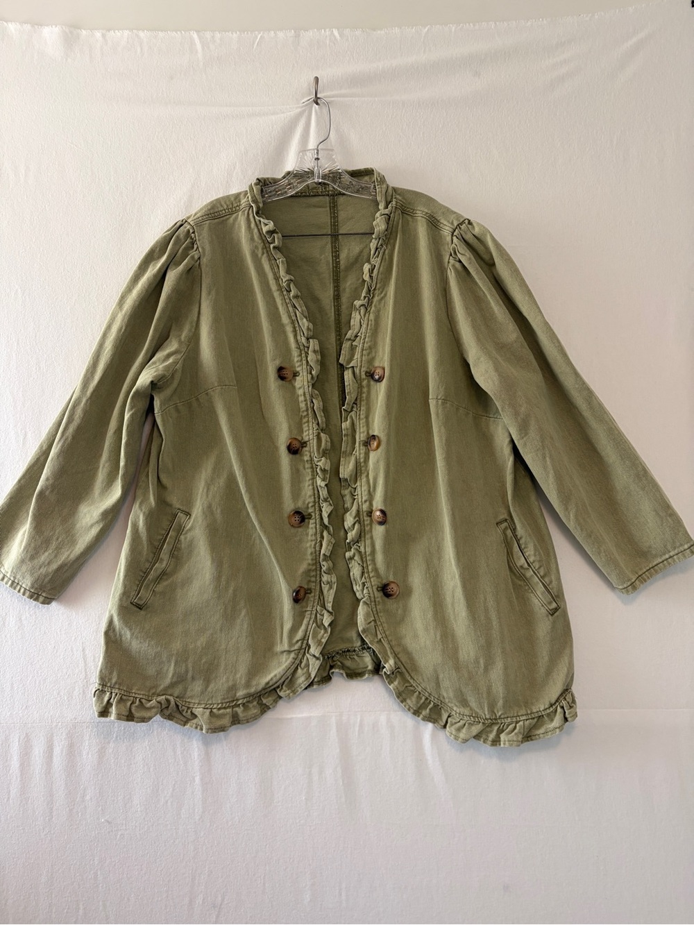 Ruffled Utility Jacket in Olive Green